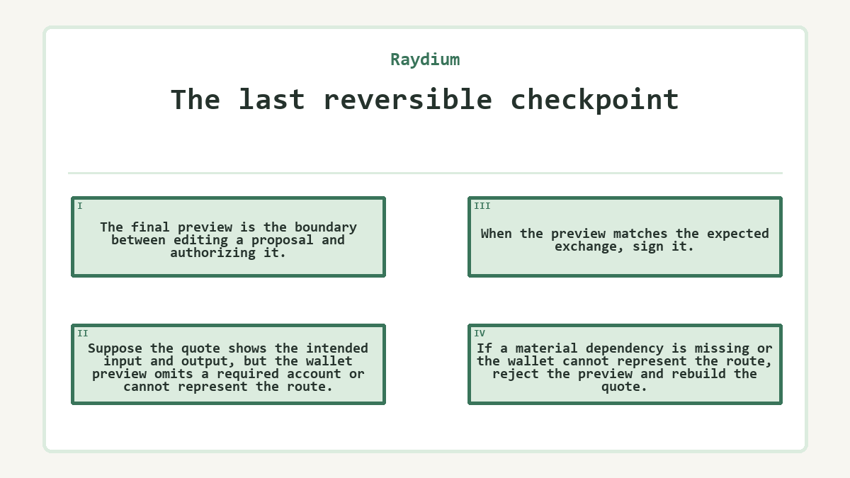 The last reversible checkpoint: The final preview is the boundary between editing a proposal and authorizing it.; Suppose the quote shows the intended input and output, but the wallet preview omits a required account or cannot represent the route.; When the preview matches the expected exchange, sign it.; If a material dependency is missing or the wallet cannot represent the route, reject the preview and rebuild the quote.