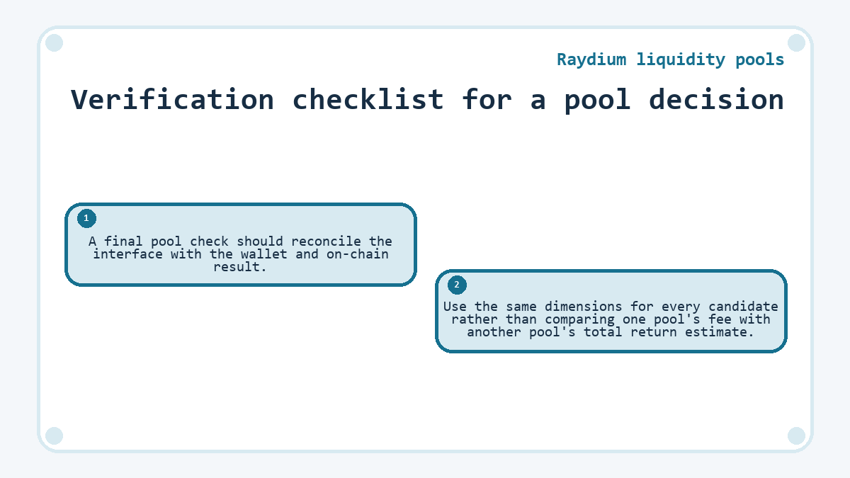 Verification checklist for a pool decision: A final pool check should reconcile the interface with the wallet and on-chain result.; Use the same dimensions for every candidate rather than comparing one pool's fee with another pool's total return estimate.